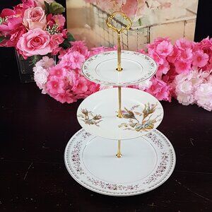 Handmade 3 Tier Cake Stand Pink Floral Tea Party Cupcake Dessert Serving Tray
